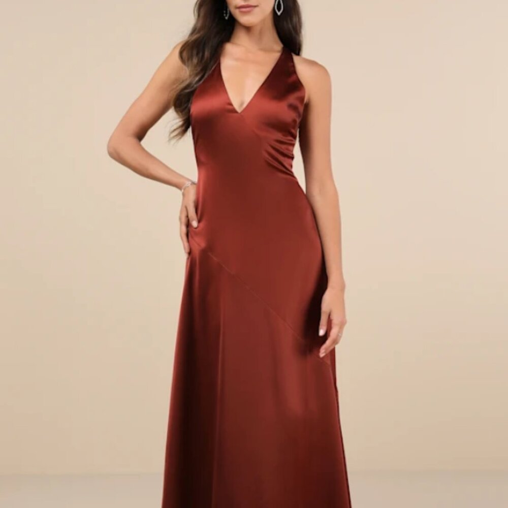 Lulus Purely Elegant Rust Brown Satin Twist-Back Maxi Dress